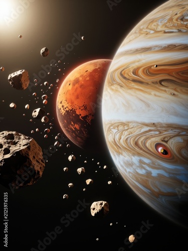 Large gas planet sits near a red planet surrounded by rocky asteroids in deep space. Giant Jupiter planet appears beside a red planet with asteroid field in outer space.