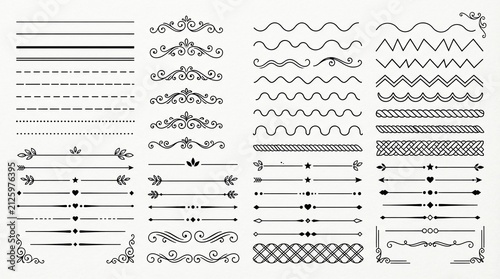 Decorative line dividers and elegant ornate swirl flourishes designed for professional page layout embellishment and stylish artistic text separation in modern black ink graphic digital illustration