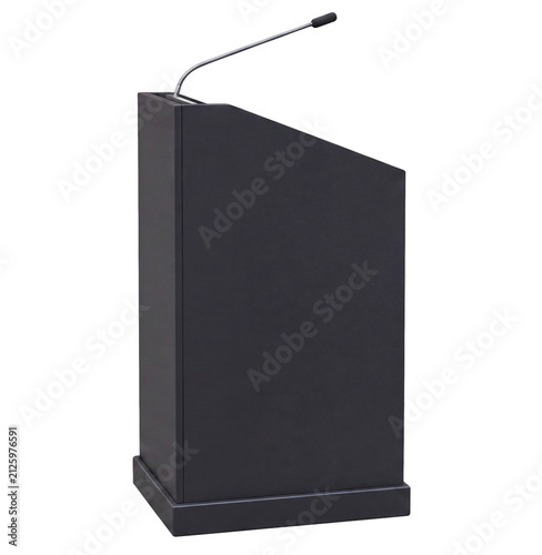 Modern black podium with microphone isolated on white background PNG for speeches, press conferences, corporate events and public presentations
