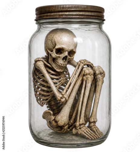 Human skeleton specimen preserved inside a glass jar isolated on white background PNG for Halloween, anatomy and medical concepts