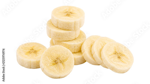 Fresh sliced banana pieces isolated on white background PNG for healthy snack, smoothie, breakfast and fruit nutrition concepts