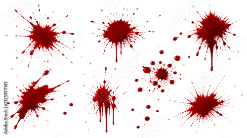 Realistic red blood splatters and scattered stain marks isolated on white background for horror Halloween crime scene design PNG