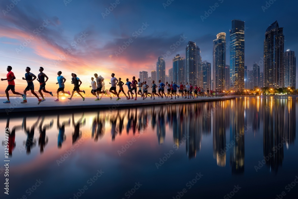 Obraz premium Evening marathon beside the city skyline with vibrant reflections in the water