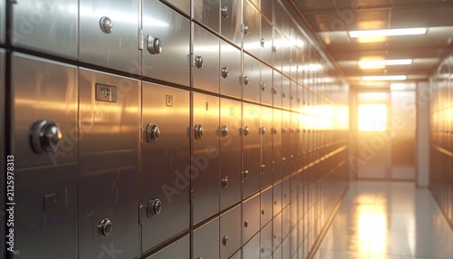 Modern Steel Bank Vault Door and Safe Deposit Box Room Interior with Secure Metal Entrance, Business Building Corridor, and Contemporary Architecture Design
