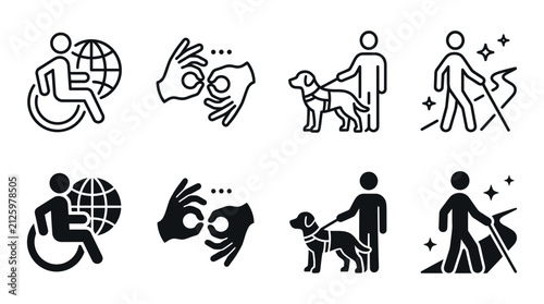 Accessibility assistance and global inclusion icons with accessibility assistance inclusion wheelchair communication