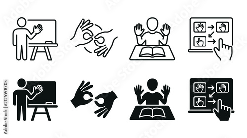 Classroom teaching and interactive learning icon set with instructor and study tools education teaching learning