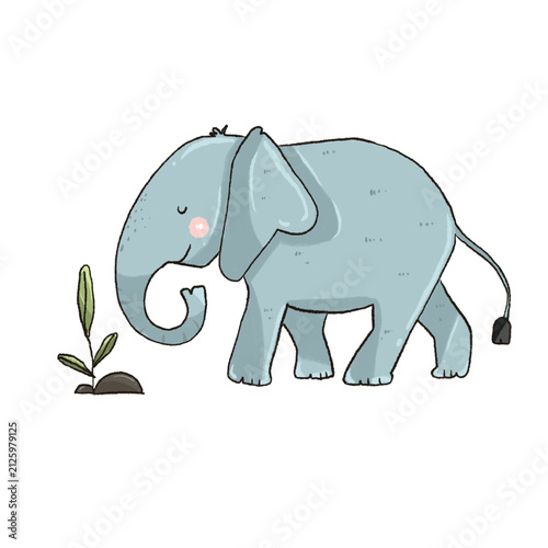 A cute and gentle hand-drawn digital illustration of a blue-grey elephant looking at a small sprouting plant. Features a friendly character design with rosy cheeks in a whimsical style.