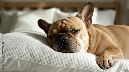 French Bulldog Sleeping Comfortably on Bed Pillow Cozy Morning Light