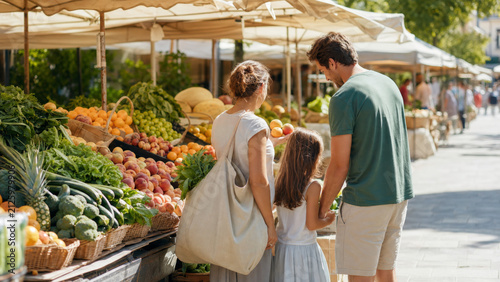 Family market shopping fresh fruit vegetable outdoor sunny day with happy people enjoying healthy lifestyle