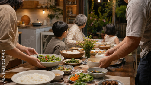 Family dinner preparation with diverse dishes and fresh salad served on wooden table, warm atmosphere with multiple generations enjoying meal