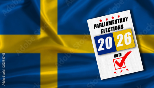 Sweden parliamentary elections with flag in the background. Ballot on a Swedish flag, concept