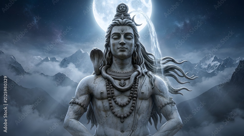Fototapeta premium Lord Shiva stone statue meditating under full moon in snowy mountains