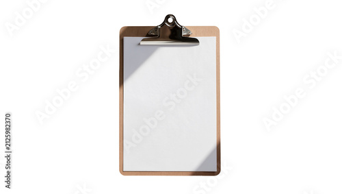 Wooden clipboard with blank white paper and metal clip, isolated on transparent background