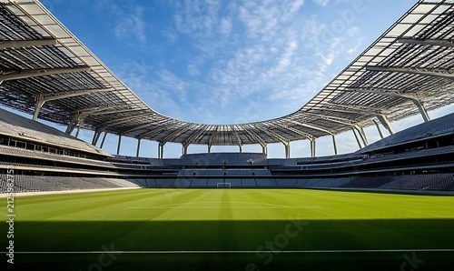 Modern football stadium with expansive green pitch under bright blue sky architectural design.