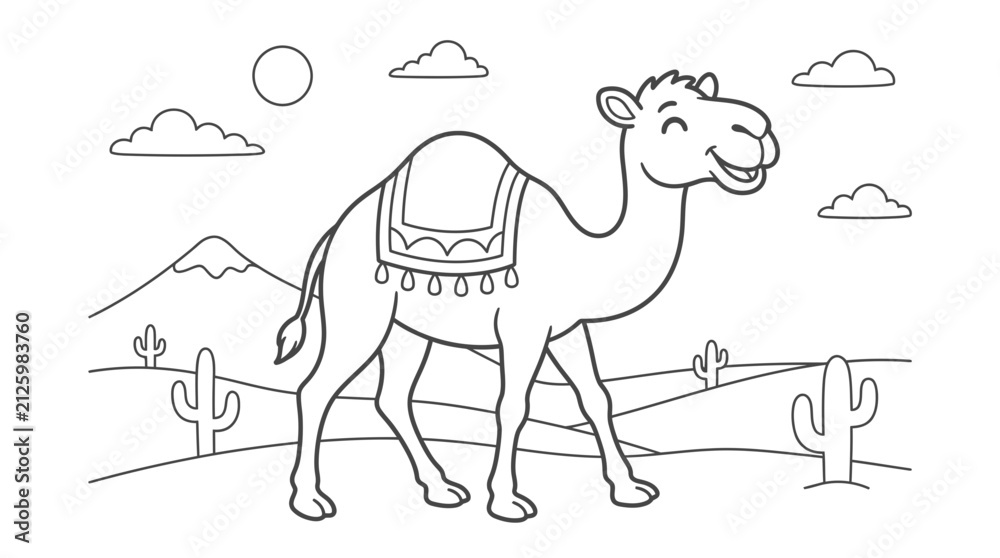 Fototapeta premium Black and white outline illustration of a friendly camel in a desert landscape with coloring dromedary mountain