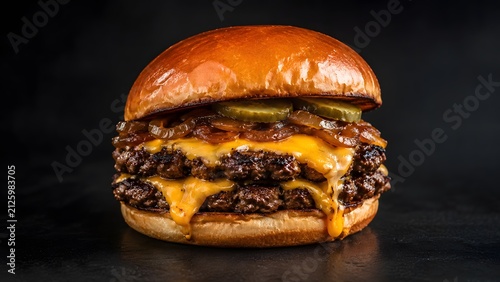 Gourmet double cheeseburger with melted cheddar and caramelized onions, juicy smash burger on brioche bun, premium fast food photography on black background