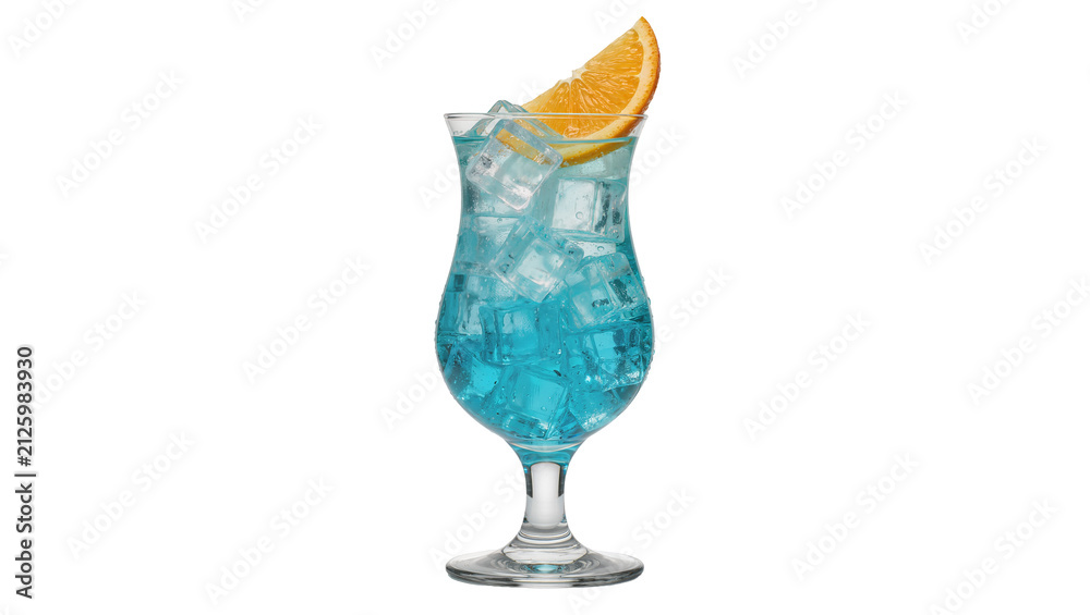 Obraz premium Blue cocktail with ice cubes and orange slice, isolated on transparent background