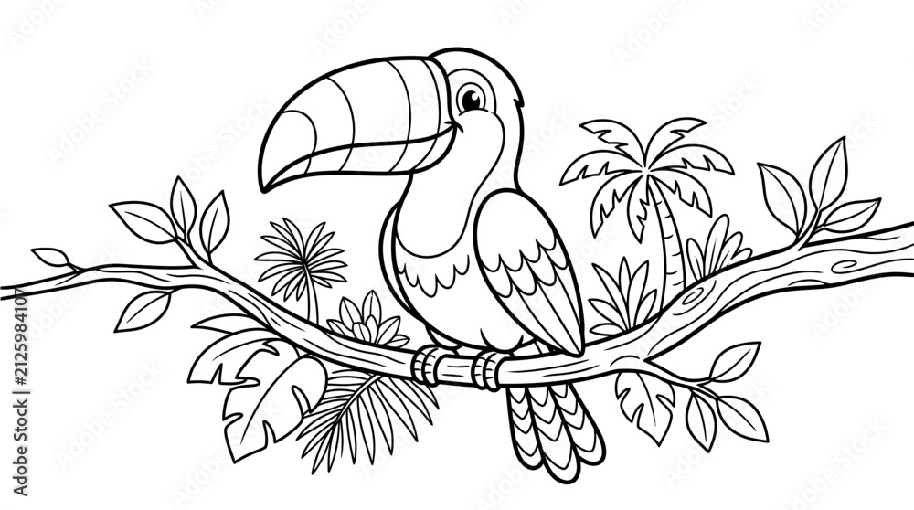 Obraz premium Tropical toucan bird perched on tree branch coloring page with tropical wildlife rainforest coloring illustration