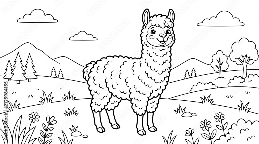 Naklejka premium Coloring book scene for children featuring a friendly fluffy llama in a landscape with mountains, coloring