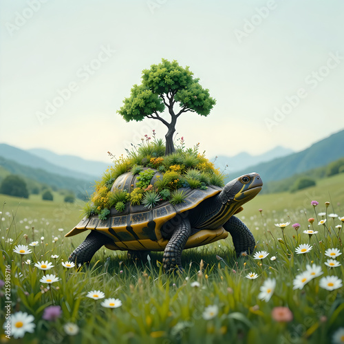 Conceptual Turtle Carrying Green Tree in Meadow