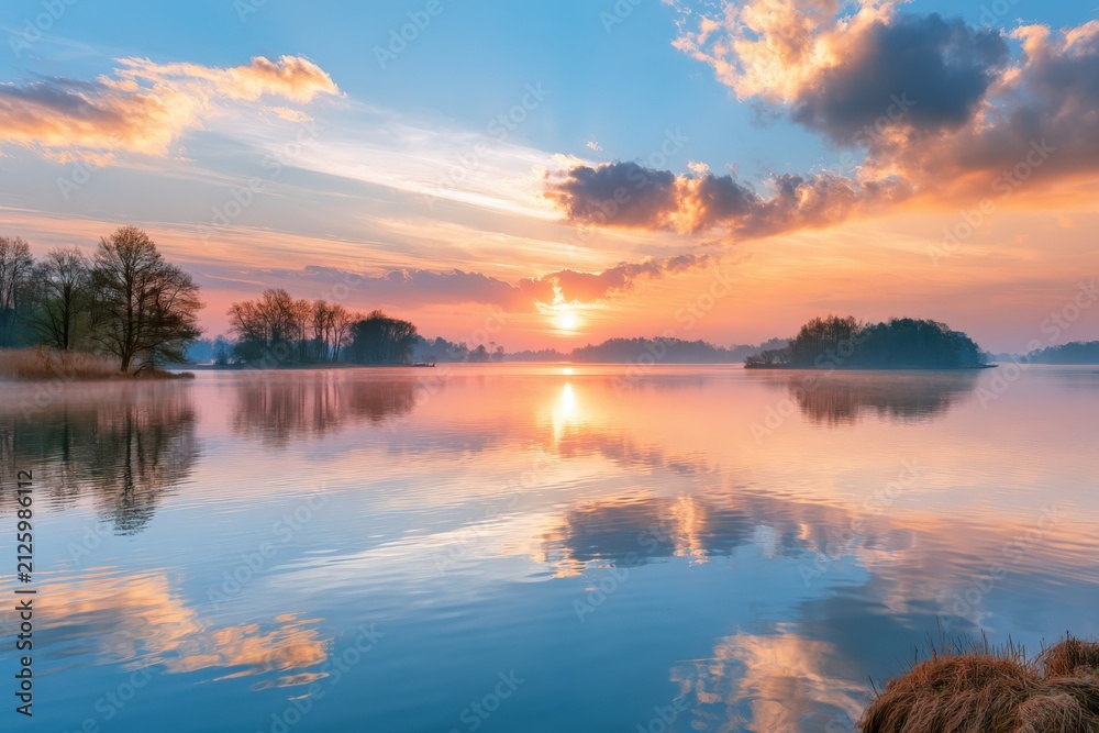 Fototapeta premium Golden sun dips low, casting warm hues across sky and water