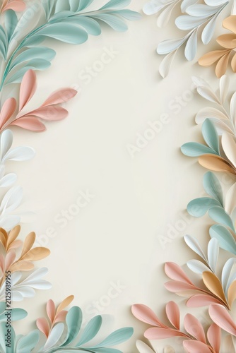 Pastel floral border background with soft paper leaves for spring invitation card poster and stationery design