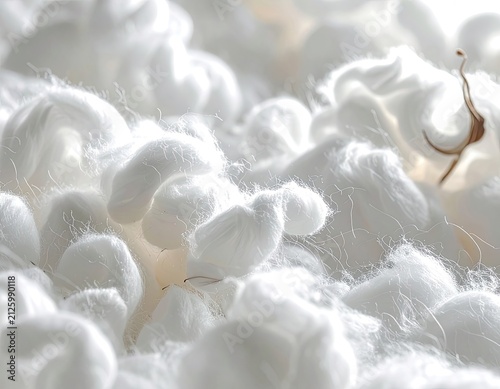 Close-up abstract view of soft white cotton fibers.
