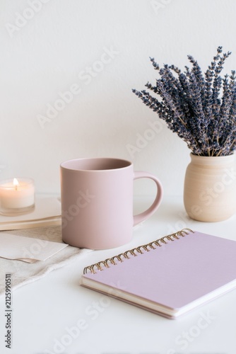 Minimal pink mug and lavender bouquet with candle for cozy morning routine background card poster design