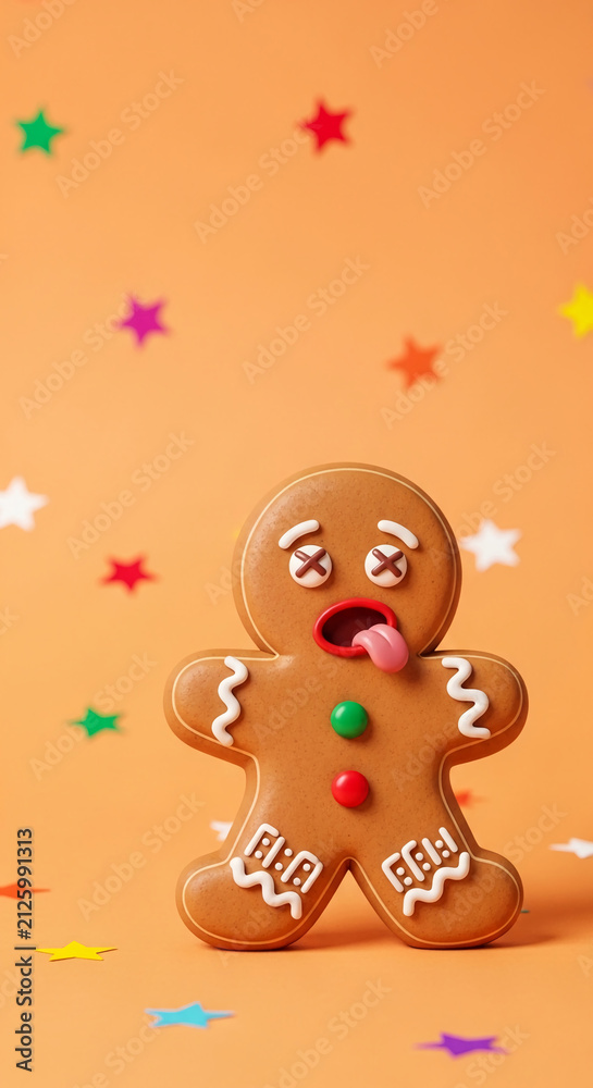 Fototapeta premium Gingerbread man with crossed eyes and tongue out, surrounded by colorful stars, symbolizing a festive, playful, and humorous holiday mood