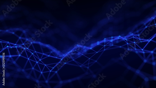 Blue polygon network wave on a dark background with glowing connection lines and soft blurred depth. Abstract digital technology image for data structure, communication, virtual network and futuristic
