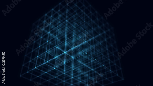 Abstract blue cubic grid structure with glowing lines and soft depth on a dark background. Futuristic digital image representing data architecture, 3D network space, technology framework and virtual s