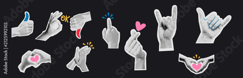 Halftone Hand Gesture Cutout Sticker Elements Set. hand gesture, halftone, cutout, sticker, collage, pop art, retro