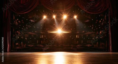 Empty theater stage with spotlights and red velvet curtains