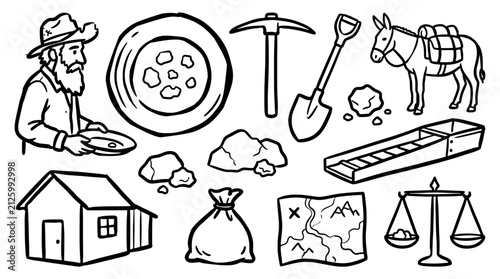 Bild auf Leinwand Gold rush prospector equipment line art icons vector set