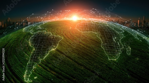 Global connection over a vibrant green Earth with cities and a sunlit horizon