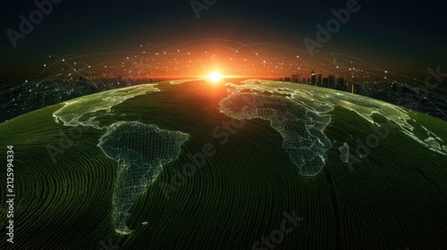 Futuristic digital planet with glowing connections, cityscapes under sunrise