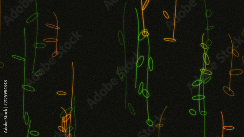 Abstract digital pattern with glowing green and orange lines and circles
