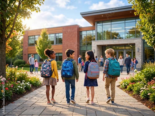 Four children with backpacks walk along a paved path toward a modern school building, chatting in the afternoon sun, with other students and adults near the entrance
