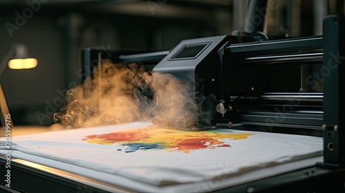 Color printing on white garment with steam/mist rising