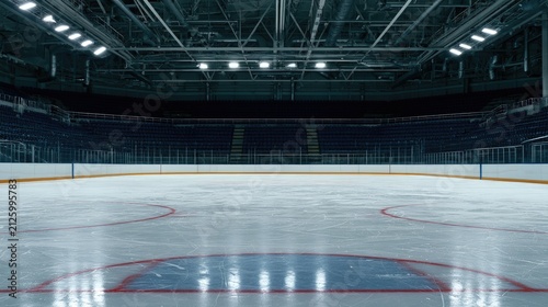 Vast, empty ice hockey arena with tiered blue seating and bright overhead lights