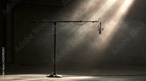 Microphone on stand in moody, smoky room with dramatic light