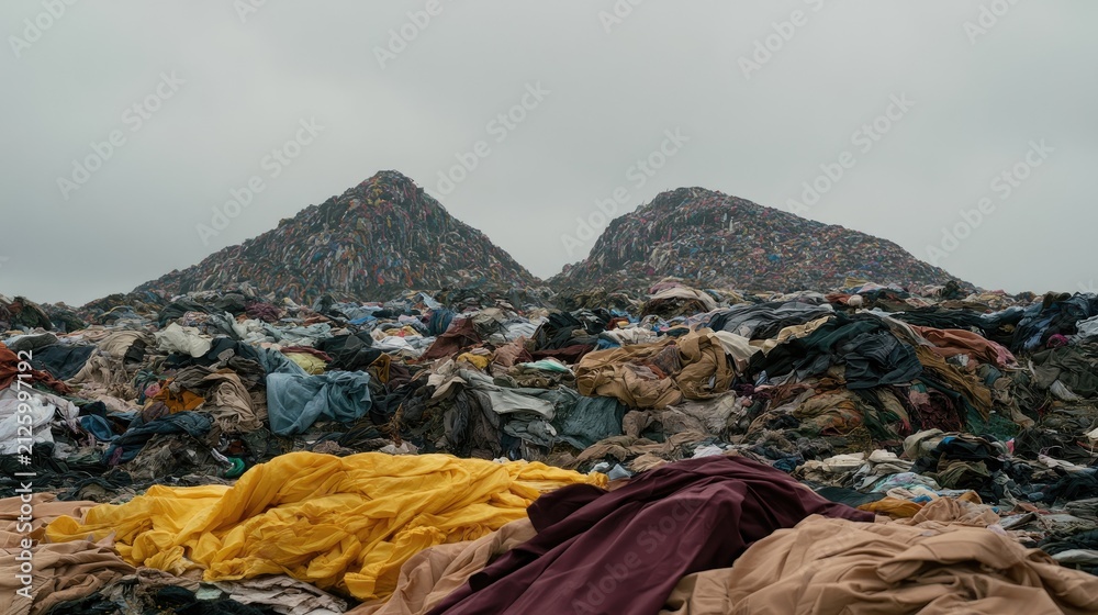 Fototapeta premium Mountains of discarded textiles under a gray sky