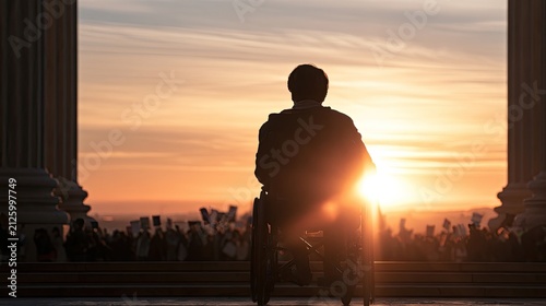 Silhouette in wheelchair faces sunrise between grand pillars, crowd below