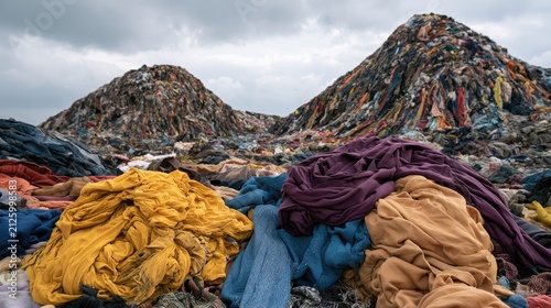 Mountains of discarded textiles form colorful, chaotic heaps under a cloudy sky