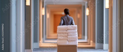 Hotel staff pushing cart with towels
