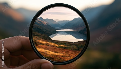 A hand holds a circular lens framing a serene mountain lake landscape