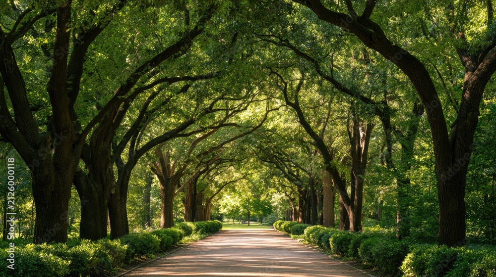 Naklejka premium Sunlit dirt path lined with lush green trees forming an archway