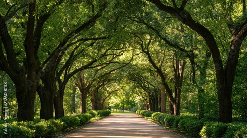 Sunlit dirt path lined with lush green trees forming an archway