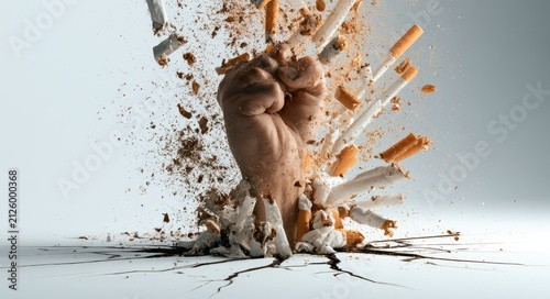 Fist erupting from cracked ground smashing cigarettes, symbolizing quitting