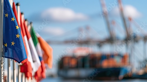 Waving flags and blurry cargo ship at a busy port